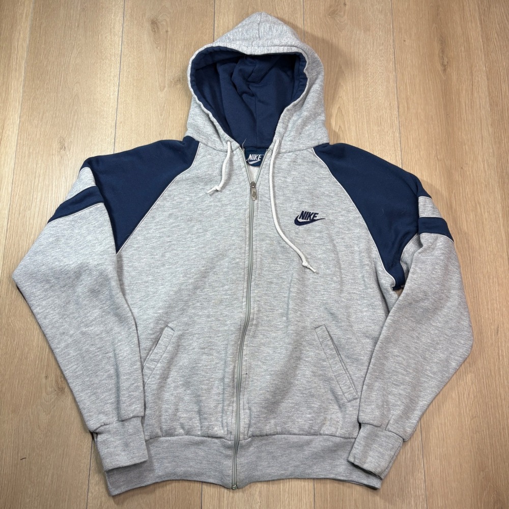 Vintage 80s Nike Blue Tag Zip Up Colorblock Hoodie Gray Navy Raglan Sweatshirt